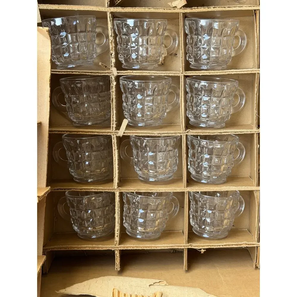 Vintage Punch Bowl & Glasses And Ladle Set Square Diamond Cascade Clear